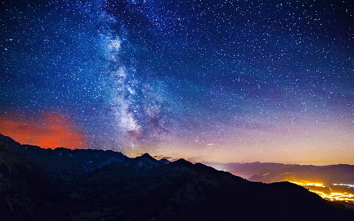 siluet pegunungan di bawah langit yang cerah penuh bintang, lanskap, malam berbintang, langit malam, bintang, langit, pegunungan, Wallpaper HD