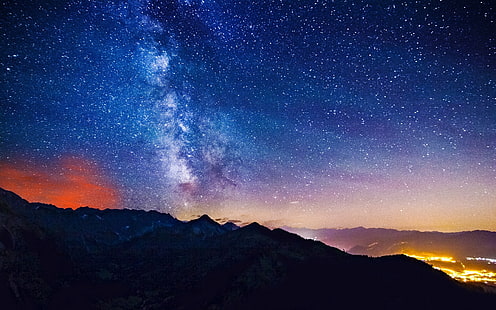 silueta de montañas bajo un cielo despejado lleno de estrellas, paisaje, noche estrellada, cielo nocturno, estrellas, cielo, montañas, Fondo de pantalla HD HD wallpaper