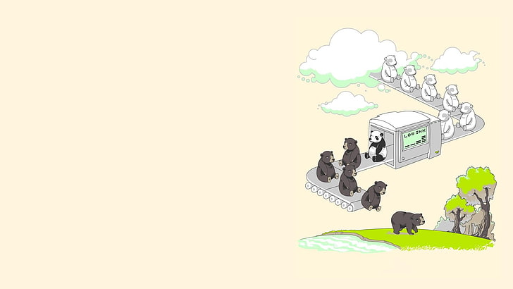 bärenfabrik illustration, bären, panda, grafik, einfach, humor, digitale kunst, einfacher hintergrund, wolken, tiere, natur, minimalismus, HD-Hintergrundbild