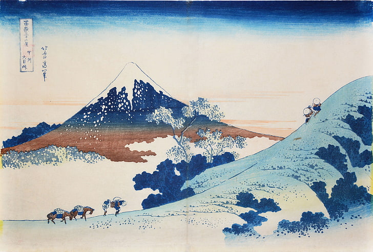 заснеженные горы иллюстрация, Хокусай, гора Фудзи, Япония, HD обои