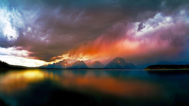 body of water, lake, mountains, storm, clouds, nature, landscape, water, rain, colorful, reflection, HD wallpaper