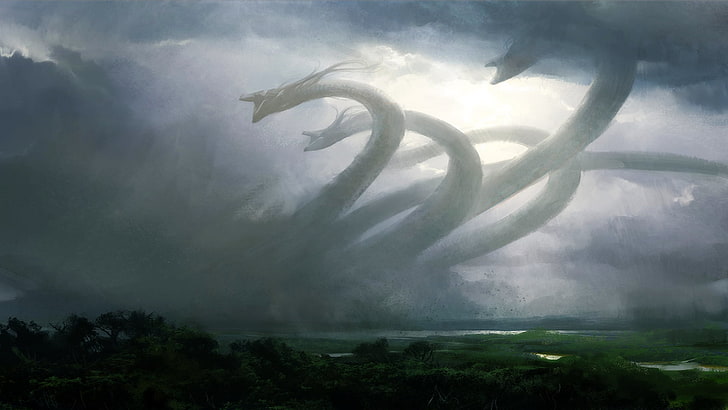papel tapiz de cinco cabezas de dragón, ilustración de hidra, Lernaean Hydra, mitología, arte de fantasía, paisaje, bosque, nubes, cielo, hidra, Magic: The Gathering, criatura, ilustraciones, Fondo de pantalla HD