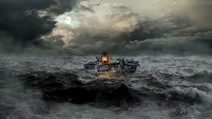 rough sea, wave, boat, moon, sea, wind wave, storm, fantasy art, HD wallpaper