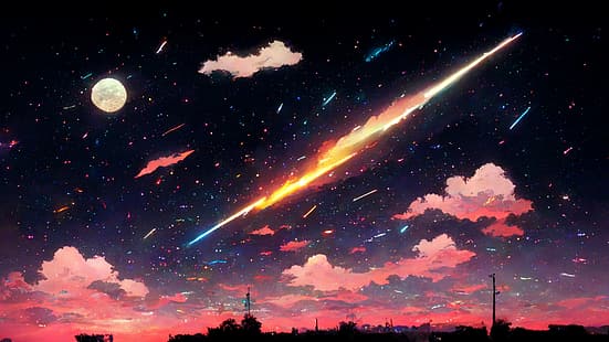 Dihasilkan AI, Midjourney AI, AI, bintang jatuh, malam, bulan purnama, meteor beruntun, bintang, senja, karya seni, kartun, Wallpaper HD HD wallpaper