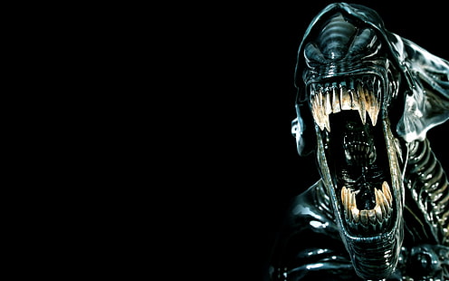 Alien (película), Xenomorph, criatura, videojuegos, películas, fondo negro, ciencia ficción, horror, dientes, fondo simple, Fondo de pantalla HD HD wallpaper