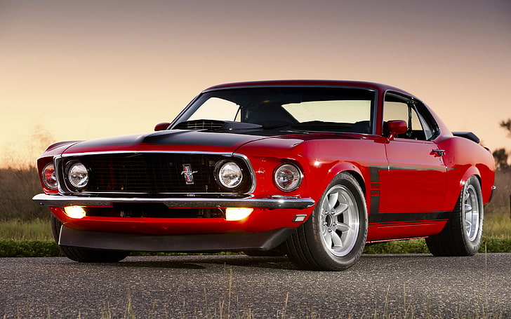 merah Ford Mustang coupe, Ford, mobil otot, ford mustang bos 302, Wallpaper HD