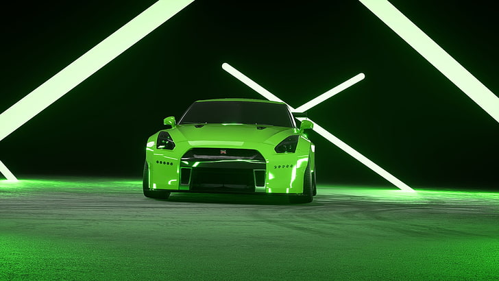 green, Rocket Bunny, car, Nissan GTR, lights, reflection, HD wallpaper