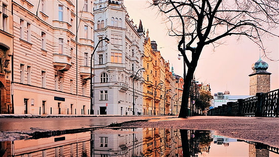 都市、プラハ、建築、チェコ共和国、家、反射、通り、 HDデスクトップの壁紙 HD wallpaper