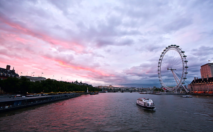 белое колесо обозрения, Великобритания, Англия, Лондон, столица, колесо обозрения, ночь, здание, архитектура, набережная, река, Темза, небо, облака, HD обои