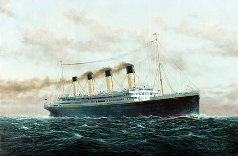 Malowanie statków Titanic, niebo, morze, figura, fala, liniowiec, Titanic, statek, statek pasażerski, RMS Titanic, w ruchu, Tapety HD HD wallpaper
