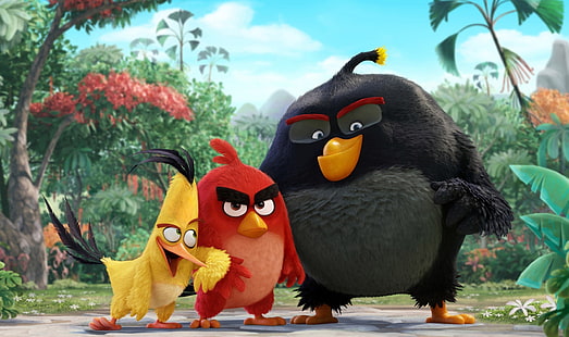 czerwona i żółta tapeta Angry Birds, kino, animacja, czerwony, gra, czarny, żółty, uśmiech, kwiaty, ptaki, rysunek, film, serial, film, uroczy, Angry Birds, potężny, przygoda, silny, sugoi, zrzędliwy, deredere, subarashii, moe, oficjalna tapeta, Bomb, rainforest, 2016, Rovio Entertainment Ltd, Angry Birds the Movie, Rovio, Chuck, wydanie z 2016 r., Tapety HD HD wallpaper