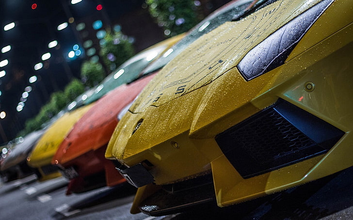 желтый Lamborghini Aventador, Lamborghini, дождь, капли воды, желтые машины, фары, гонки, HD обои
