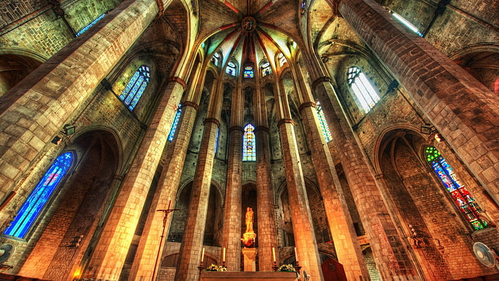 kahverengi beton katedral, HDR, içeride, kilise, Santa Maria del Mar, Barcelona, ​​İspanya, HD masaüstü duvar kağıdı