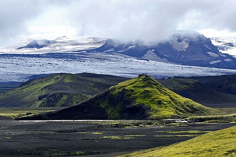 zielona i czarna góra krajobraz zdjęcie, islandia, islandia, lodowce, Landmannalaugar, Islandia, czarna góra, krajobraz, zdjęcie, europa, turystyka, góry, pola lawy, czarna pustynia, zielona trawa, śnieg, bazalt, rzeka, góra, natura, wulkan , scenics, na zewnątrz, Tapety HD HD wallpaper