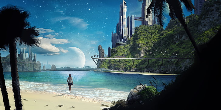pantai, Futuristik, Lukisan Matte, laut, luar angkasa, Wallpaper HD