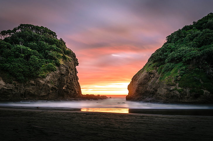 beach, the ocean, rocks, dawn, Auckland, Bethells Beach, HD wallpaper