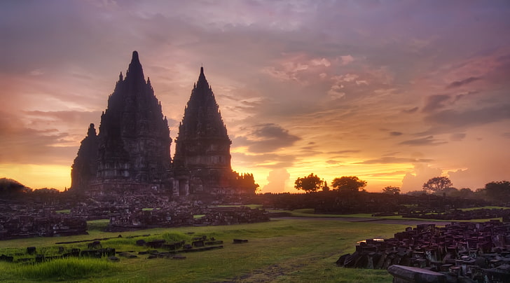 Prambanan Sunset, Angkor Wat, Kambodża, Azja, Indonezja, Miasto, Zachód słońca, Skały, Świątynia, starożytne, Prambanan, Tapety HD