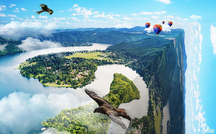 World Manipulation by Pacolix, bird flying over the lake, Aero, Creative, Earth, Design, Cube, photoshop, photomanipulation, artwork, edit, wolrd, abstract, HD wallpaper