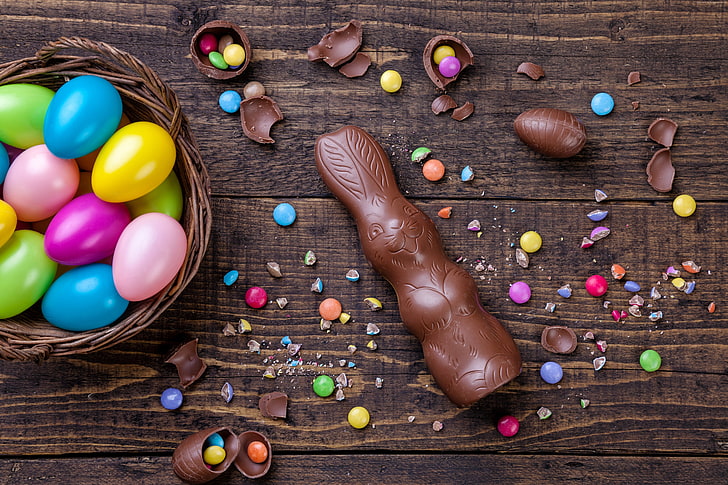 rabbit, eggs, Easter, chocolate, 5K, candy, HD wallpaper