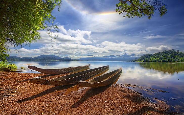 Landscape with wooden boat, 3 brown row boat, landscape, boat, beach, cloud, HD wallpaper