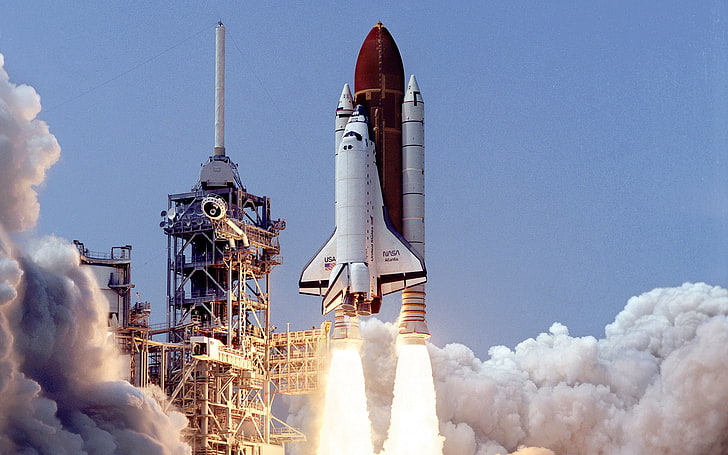 Space Shuttle Atlantis, NASA, launch pads, scanned image, HD wallpaper