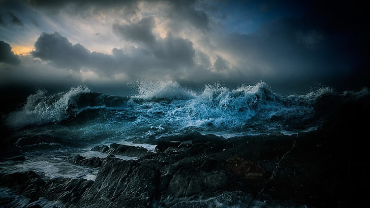 син воден тапет, природа, пейзаж, облаци, вода, море, скала, вълни, буря, HD тапет