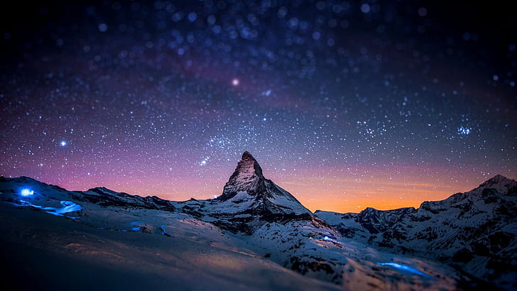 Zermatt, bokeh, nuit étoilée, lever du soleil, tilt shift, Matterhorn, nature, ciel, nuit, Alpes suisses, hiver, paysage, espace, neige, pic enneigé, floue, rock, horizon, montagnes, coucher de soleil, étoiles, Suisse, lumières,nébuleuse, Fond d'écran HD
