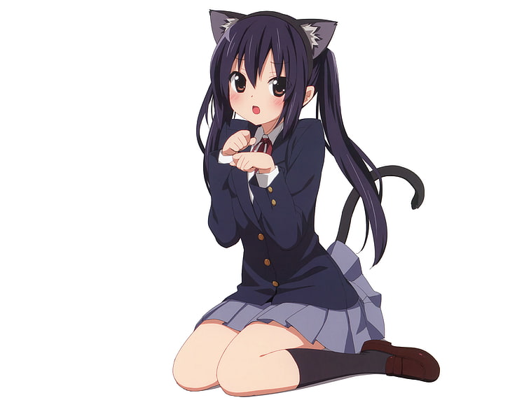 gadis anime, rambut panjang, seragam sekolah, siswi, rambut hitam, K-ON !, Nakano Azusa, telinga hewan, gadis kucing, Wallpaper HD