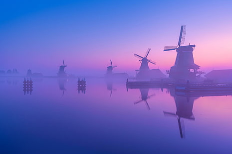 Нидерланды, утро, затишье, ветряная мельница, восход, HD обои HD wallpaper