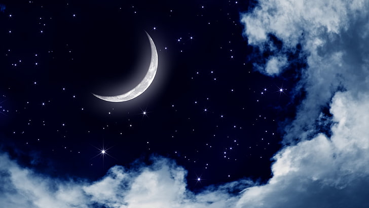 ท้องฟ้าเต็มไปด้วยดวงดาว, ดวงจันทร์, แสงจันทร์, ท้องฟ้า, ท้องฟ้ายามค่ำคืน, ตอนกลางวัน, แสงจันทร์, เสี้ยว, กลางคืน, เมฆ, ความมืด, วอลล์เปเปอร์ HD
