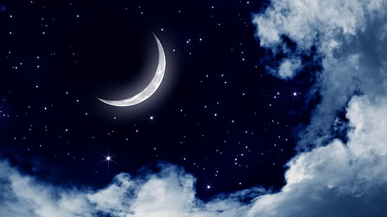 cielo stellato, luna, chiaro di luna, cielo, cielo notturno, giorno, chiaro di luna, mezzaluna, notte, nuvola, oscurità, Sfondo HD HD wallpaper