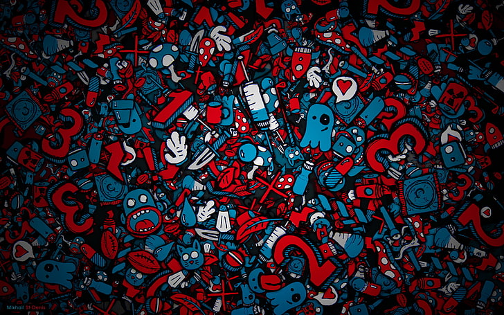синие и красные иллюстрации монстров, лица, шприц, нагромождение, цифры, HD обои