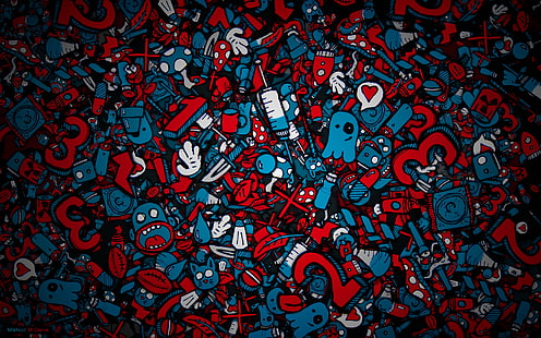 blaue und rote Monsterillustration, Gesichter, Spritze, Anhäufung, Zahlen, HD-Hintergrundbild HD wallpaper