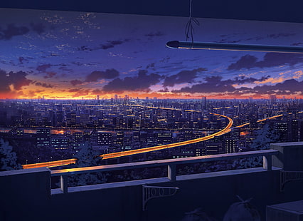 city digital wallpaper, anime, city, Japan, road, sky, night, HD wallpaper HD wallpaper