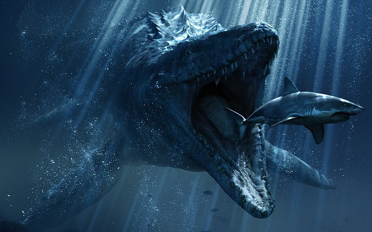 illustrazione di liopleurodon e squalo, Jurassic Park, Jurassic World, Shark, Sfondo HD