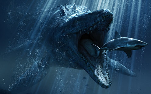 illustrazione di liopleurodon e squalo, Jurassic Park, Jurassic World, Shark, Sfondo HD HD wallpaper