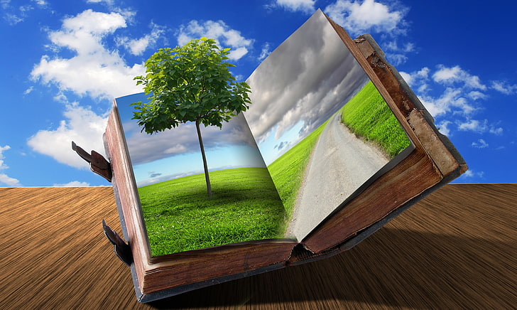 green tree and grass illustration, road, grass, clouds, creative, tree, book, HD wallpaper