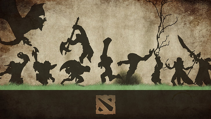 silhouette character of Dota 2 digital wallpaper, grass, weapons, background, logo, silhouettes, figure, characters, Dota 2, HD wallpaper