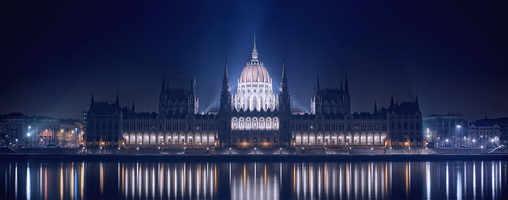 night, lights, reflection, river, the building, backlight, promenade, Parliament, Hungary, Budapest, The Danube, HD wallpaper