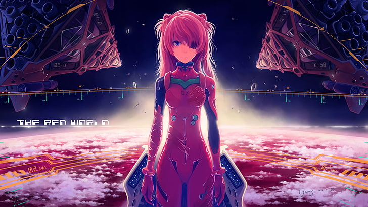 girl anime character in pink suit wallpaper, Neon Genesis Evangelion, anime, Asuka Langley Soryu, space, anime girls, eyepatches, plugsuit, standing, spaceship, HUD, clouds, warm colors, red, eye patch, horizon, science fiction, EVA Unit 02, planet, Earth, mecha girls, space station, symmetry, perspective, futuristic, digital art, artwork, Asuka Langley Shikinami, HD wallpaper
