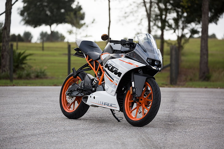 branco e preto KTM RC sportbike, ktm, motocicleta, vista lateral, HD papel de parede