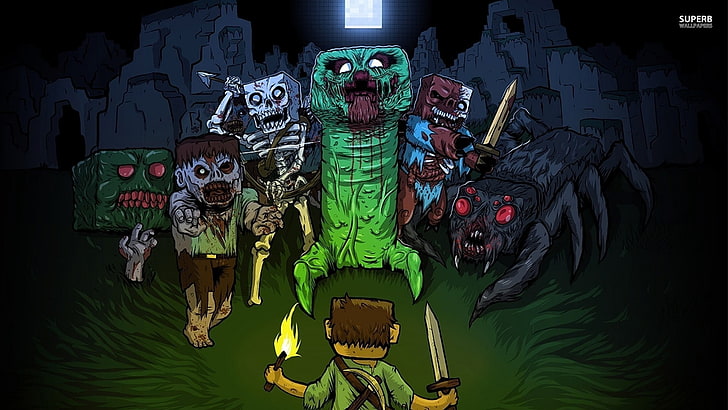 tapeta cyfrowa, potwory z Minecrafta kontra Steve trzymający nóż i latarkę ilustracja, Minecraft, pnącze, gry wideo, zombie, pająk, Steve, noc, Tapety HD