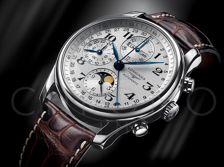 cronografo tondo Longines color argento, orologio, Longines, orologio svizzero, Sfondo HD