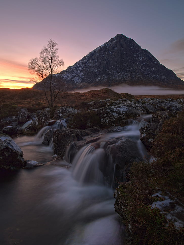 time lapse photography of body of water near mountain during golden hour, Dusk, time lapse photography, body of water, mountain, golden hour, affection, amazement, beautiful, blue-hour, blur, Buachaille-Etive-Mor, crazy, art, digiKam, digital, grad, ND, dramatic, dynamic, elegance, emotion, film, emulation, filter, fog, HDR, horizon, idyll, landscape, land, water, light-and-dark, lines, long-exposure, Luminance-HDR, mist, moment, moody, motion-blur, Mountains, far, Olympus-PEN-F, Provia, pure, raw, RawTherapee, River, rowan, serene, shape-and-form, sky, earth, slow, fast, striking, thirds, time, flows, toned, tranquil, transience, trees, twilight, vintage, vista, warm, weather, wide-angle, zen, Nature, Watcher, scenics, waterfall, outdoors, beauty In Nature, HD wallpaper