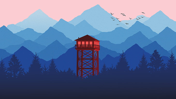 Watchtower, Mountains, Forest, Minimal, CGI, HD, HD wallpaper