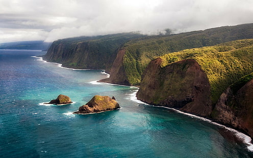 Natureza, paisagem, costa, penhasco, ilha, mar, Kauai, vista aérea, formação rochosa marrom, natureza, paisagem, costa, penhasco, ilha, mar, Kauai, vista aérea, formação rochosa, HD papel de parede HD wallpaper