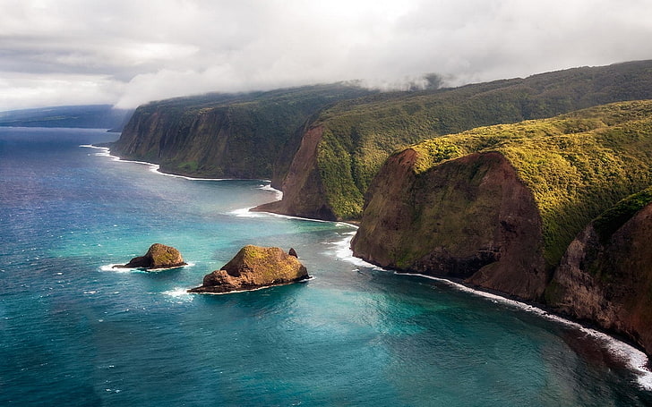 nature, paysage, côte, falaise, île, mer, nuages, montagnes, Kauai, vue aérienne, Fond d'écran HD