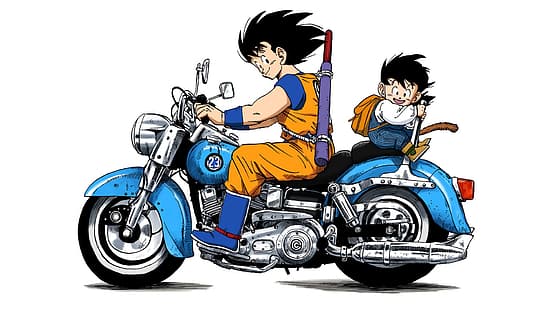 Dragon Ball, Dragon Ball Z, Son Goku, Gohan, Son Gohan, motorcykel, enkel bakgrund, konstverk, manga, HD tapet HD wallpaper
