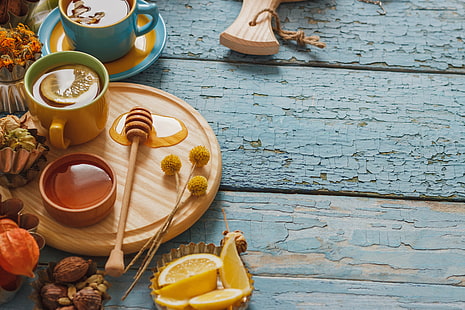 Zitrone, Tee, Honig, Tasse, Gras, Holz, Kräuter, HD-Hintergrundbild HD wallpaper