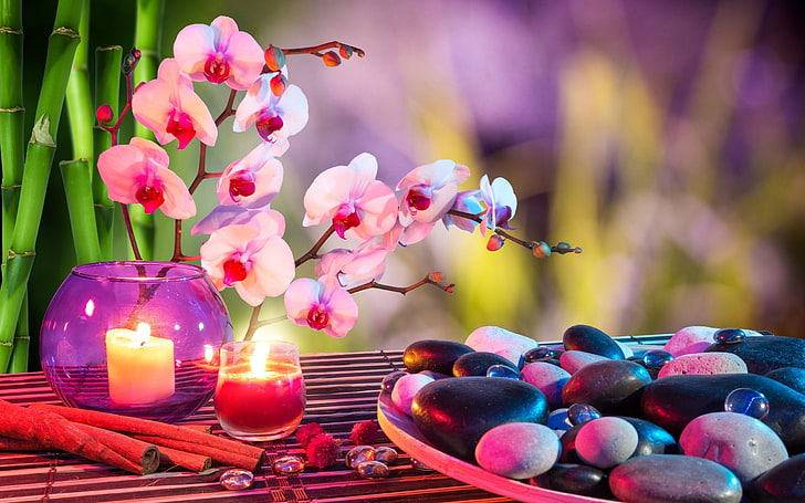 бамбук, свещи, сърце, настроение, орхидеи, спа център, камъни, кърпи, HD тапет